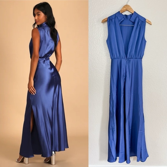 NWOT Elegance Blue Satin Sleeveless Mock Neck Maxi Dress - Picture 3 of 8